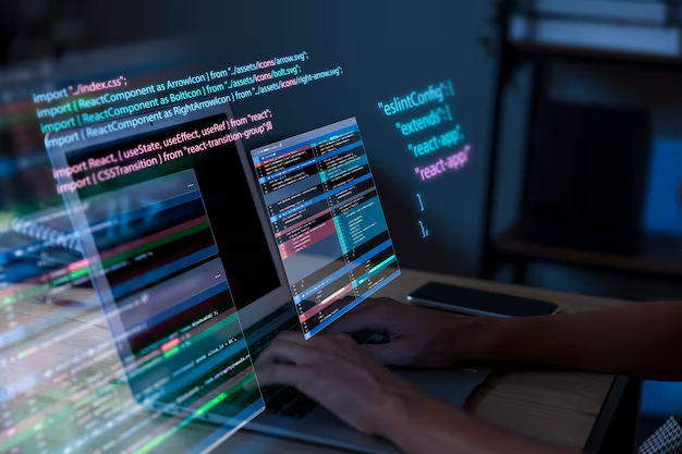 Visualización abstracta de código y tecnología representando desarrollo de software premium