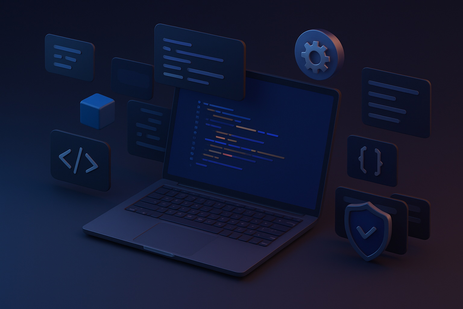 Visualización abstracta de código y tecnología representando desarrollo de software premium